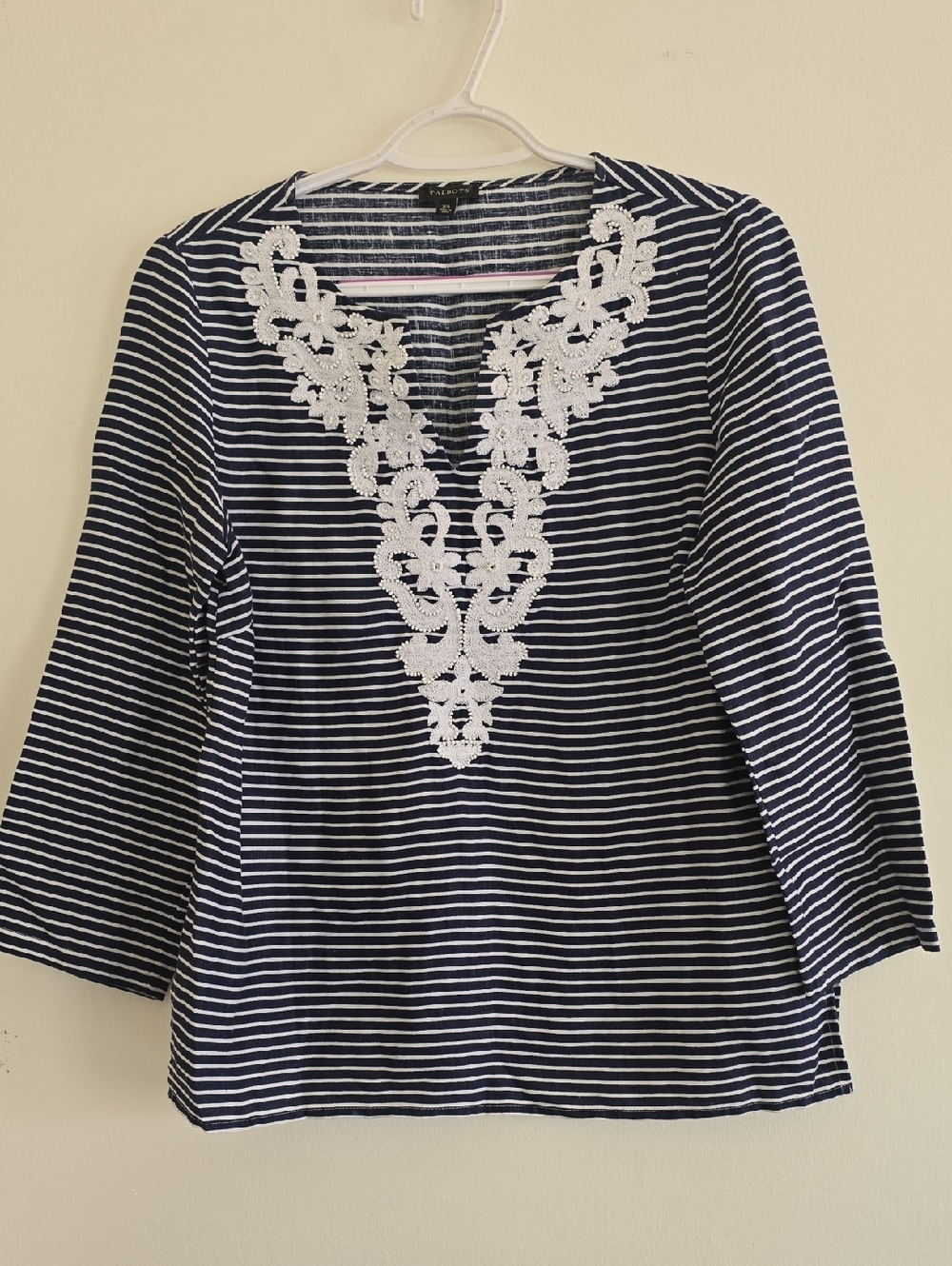Talbots Navy & White Striped Tunic with Lace V-Neck